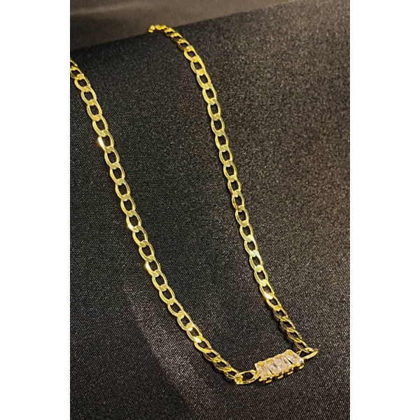 Choker de Corrente Chapada Com Zircônias ao Centro Banhado em Ouro 18k - Dourado