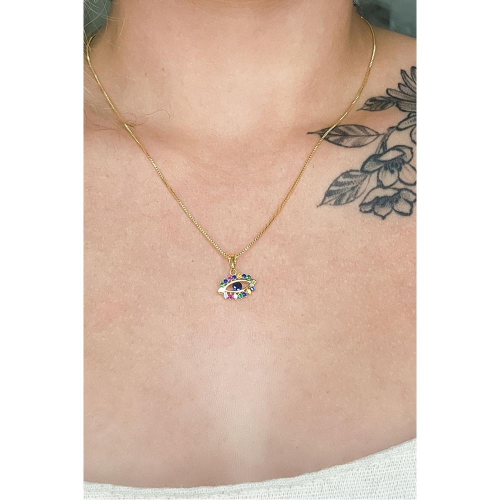 Colar Pingente Olho Grego com Zircônia Multicolor Banhado em Ouro 18k - Dourado