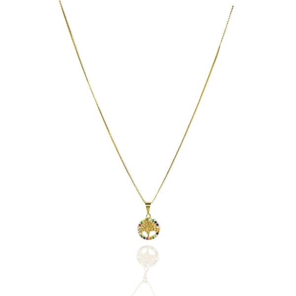 Colar Com Pingente De Circulo Da Árvore Da Vida Com Zircônia Colorida Banhado em Ouro 18k - Dourado