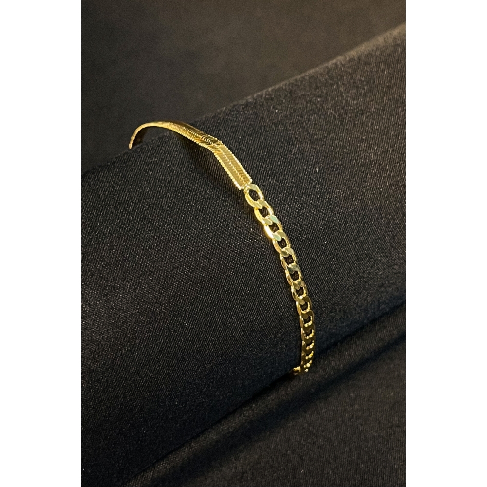 Pulseira Meia Fita Meia Corrente Banhado em Ouro 18k - Dourado