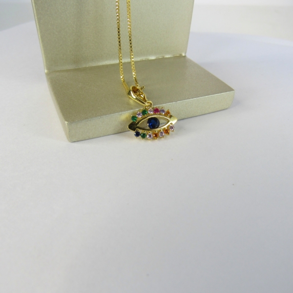 Colar Pingente Olho Grego com Zircônia Multicolor Banhado em Ouro 18k - Dourado