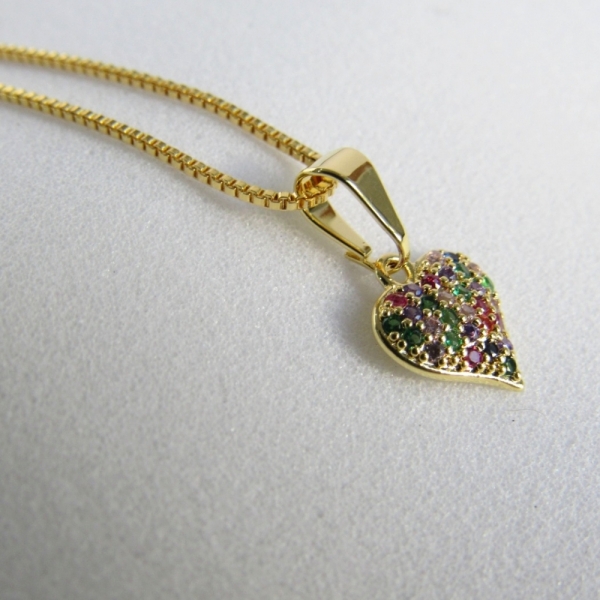 Colar Pingente Coração com Zircônia Multicolor Banhado em Ouro 18k - Dourado
