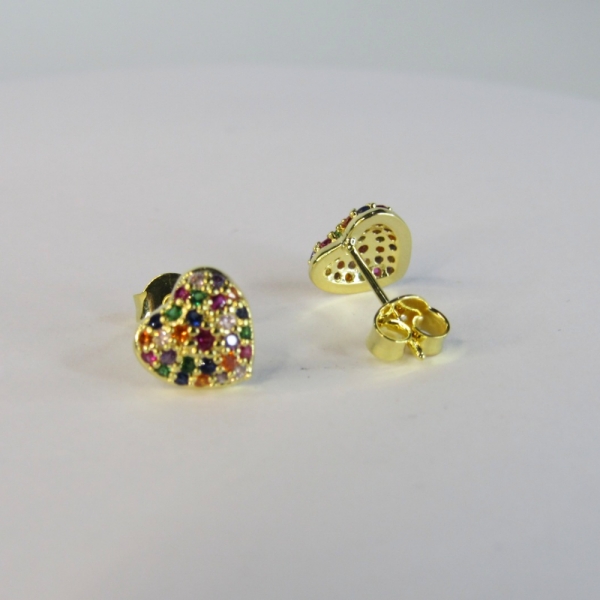 Brinco Pequeno de Coração com Zircônias Colorido Banhado em Ouro 18k - Dourado
