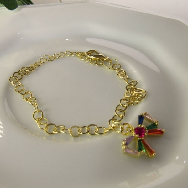 Pulseira Com Laço De Zircônias Coloridas Banhado em Ouro 18k - Dourado