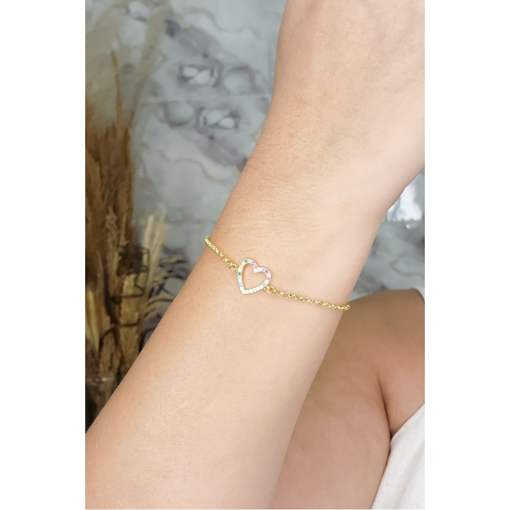 Pulseira Com Pingente De Coração Em Zircônias Coloridas Banhado em Ouro 18k - Dourado