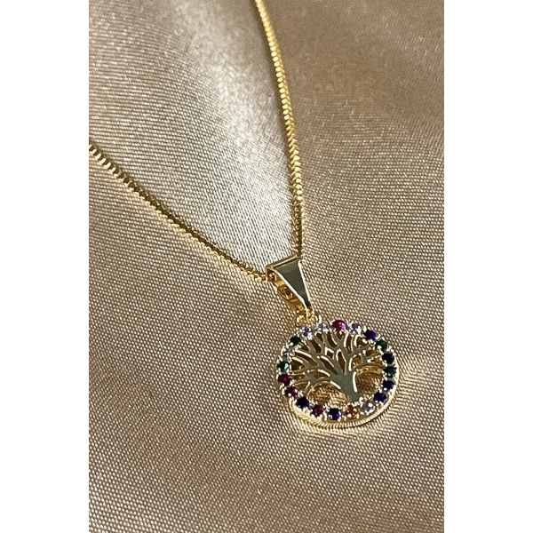 Colar Com Pingente De Circulo Da Árvore Da Vida Com Zircônia Colorida Banhado em Ouro 18k - Dourado