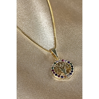 Colar Com Pingente De Circulo Da Árvore Da Vida Com Zircônia Colorida Banhado em Ouro 18k