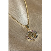 Colar Com Pingente De Circulo Da Árvore Da Vida Com Zircônia Colorida Banhado em Ouro 18k - Dourado