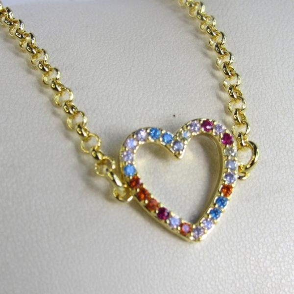 Pulseira Com Pingente De Coração Em Zircônias Coloridas Banhado em Ouro 18k - Dourado