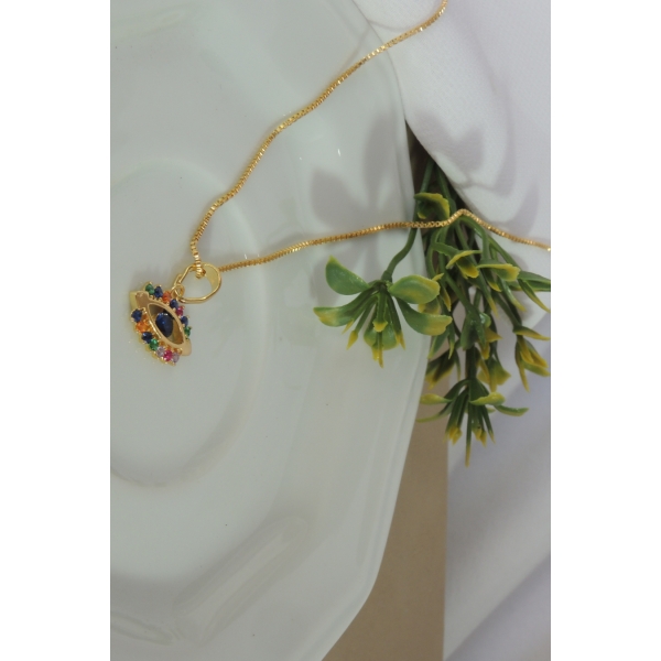 Colar Pingente Olho Grego com Zircônia Multicolor Banhado em Ouro 18k - Dourado