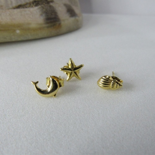 Trio de Brincos Marinhos Banhado em Ouro 18k - Dourado