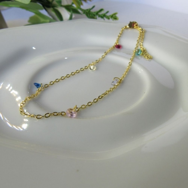 Tornozeleira Com Zircônia Coloridas Banhado em Ouro 18k - Dourado