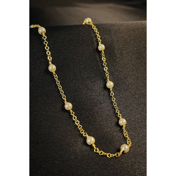 Colar Corrente Americana com Pérolas Banhado em Ouro 18k - Dourado