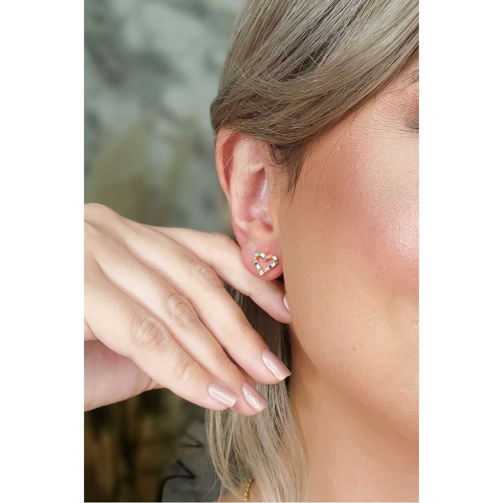 Brinco Coração Pequeno com Zircônias Banhado em Ouro 18k - Dourado