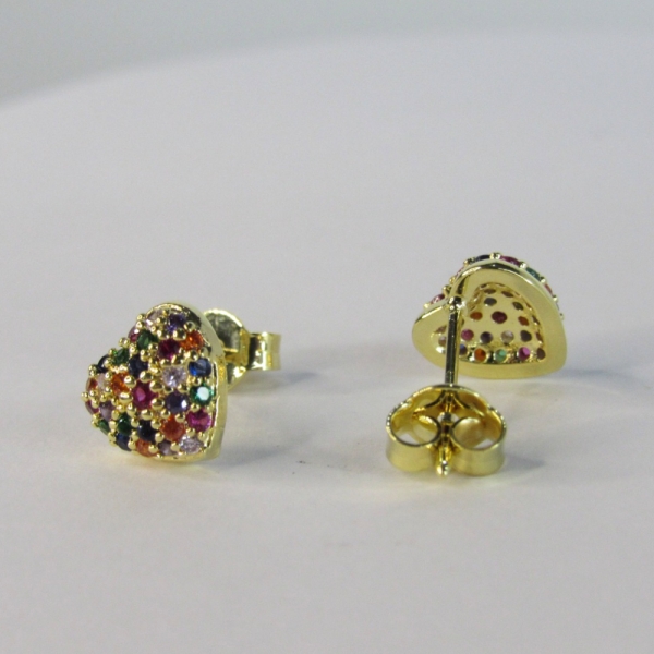 Brinco Pequeno de Coração com Zircônias Colorido Banhado em Ouro 18k - Dourado