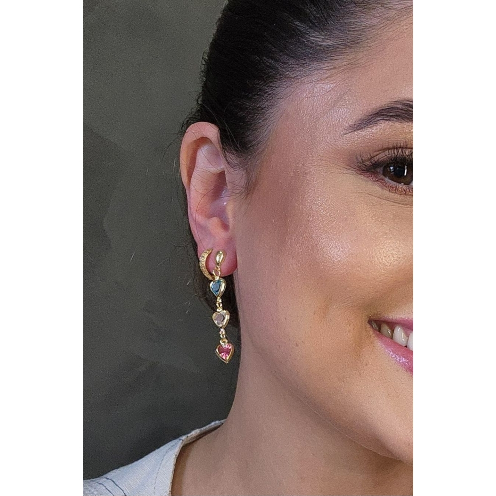Brinco de Corações com Pedras Coloridas Banhado em Ouro 18k - Dourado