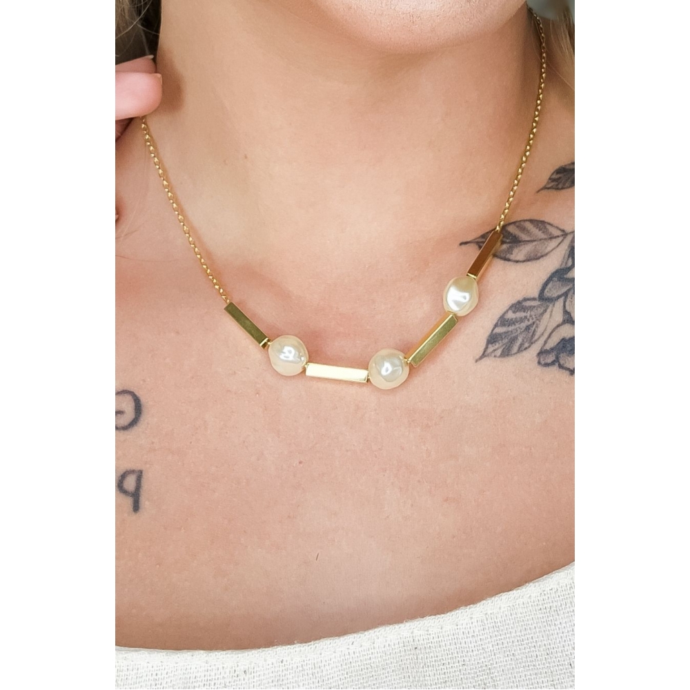 Colar Pérola e Retângulo Banhado em Ouro 18k - Dourado