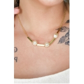 Colar Pérola e Retângulo Banhado em Ouro 18k - Dourado