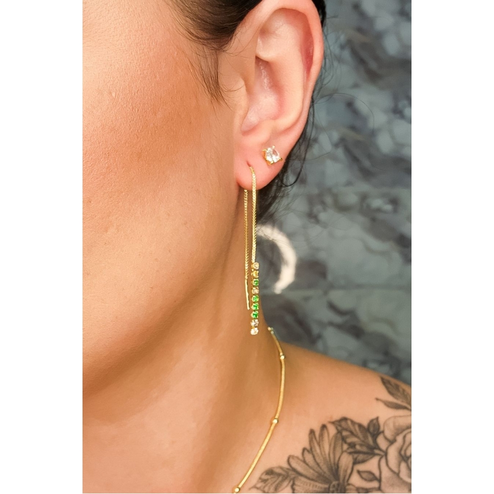 Brinco Fio de Corrente de Zircônias Coloridas Sortidas Banhado em Ouro 18k - Dourado