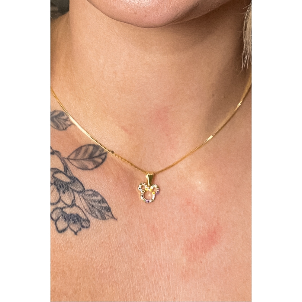 Colar Com Pingente Do Mickey De Zircônia Colorida Banhado em Ouro 18k - Dourado