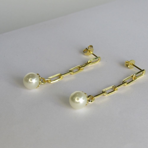 Brinco Corrente Com Pérola na Ponta Banhado em Ouro 18k - Dourado