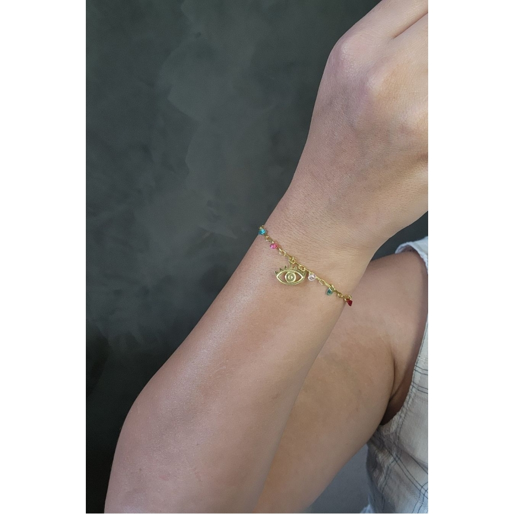 Pulseira Olho Grego Com Zircônias Coloridas Banhado em Ouro 18k - Dourado