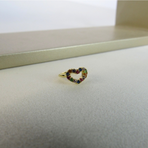 Piercing Fake Com Coração de Zircônias Coloridas Banhado em Ouro 18k - Dourado