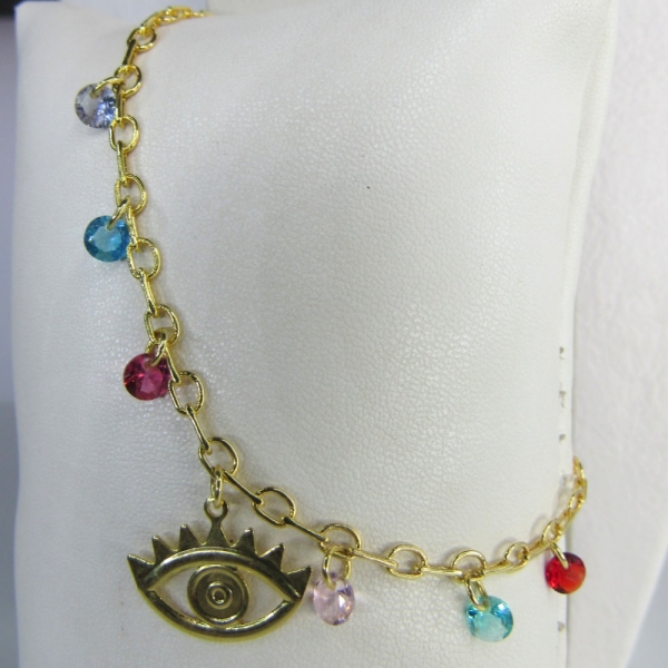 Pulseira Olho Grego Com Zircônias Coloridas Banhado em Ouro 18k - Dourado