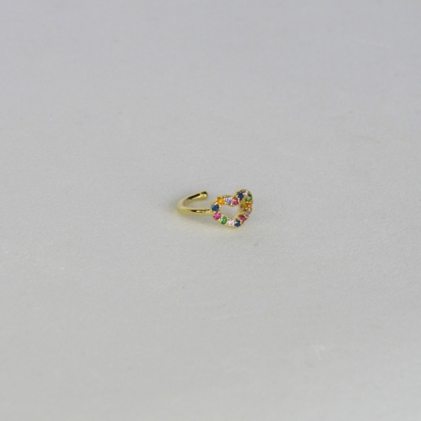 Piercing Fake Com Coração de Zircônias Coloridas Banhado em Ouro 18k - Dourado
