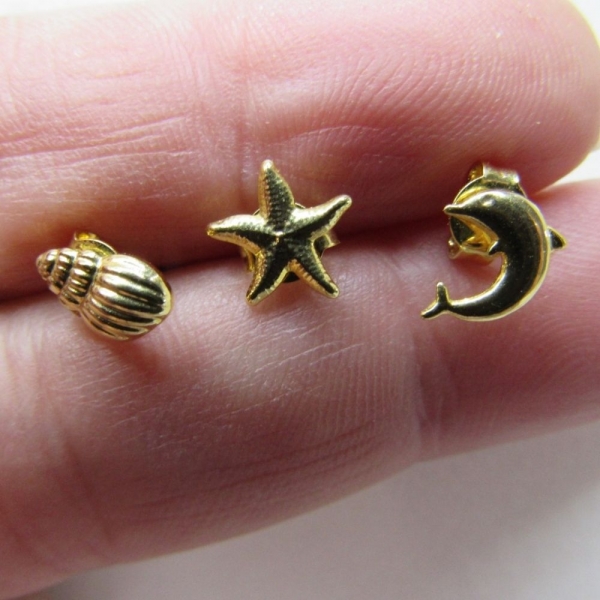 Trio de Brincos Marinhos Banhado em Ouro 18k - Dourado