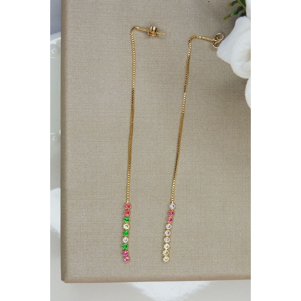 Brinco Fio de Corrente de Zircônias Coloridas Sortidas Banhado em Ouro 18k - Dourado