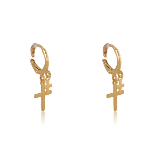 Brinco Argolinha Pequena Dupla Cruz Banhado em Ouro 18k - Dourado