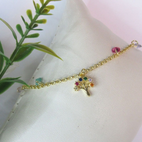 Pulseira Árvore da Vida Com Zircônias Coloridas Banhado em Ouro 18k - Dourado