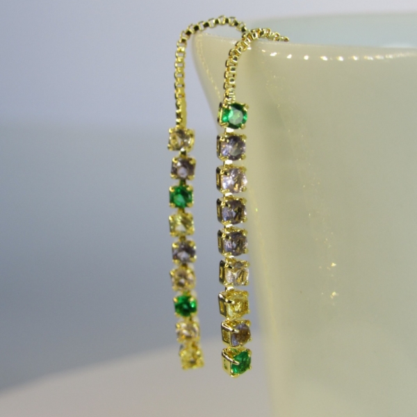 Brinco Fio de Corrente de Zircônias Coloridas Sortidas Banhado em Ouro 18k - Dourado