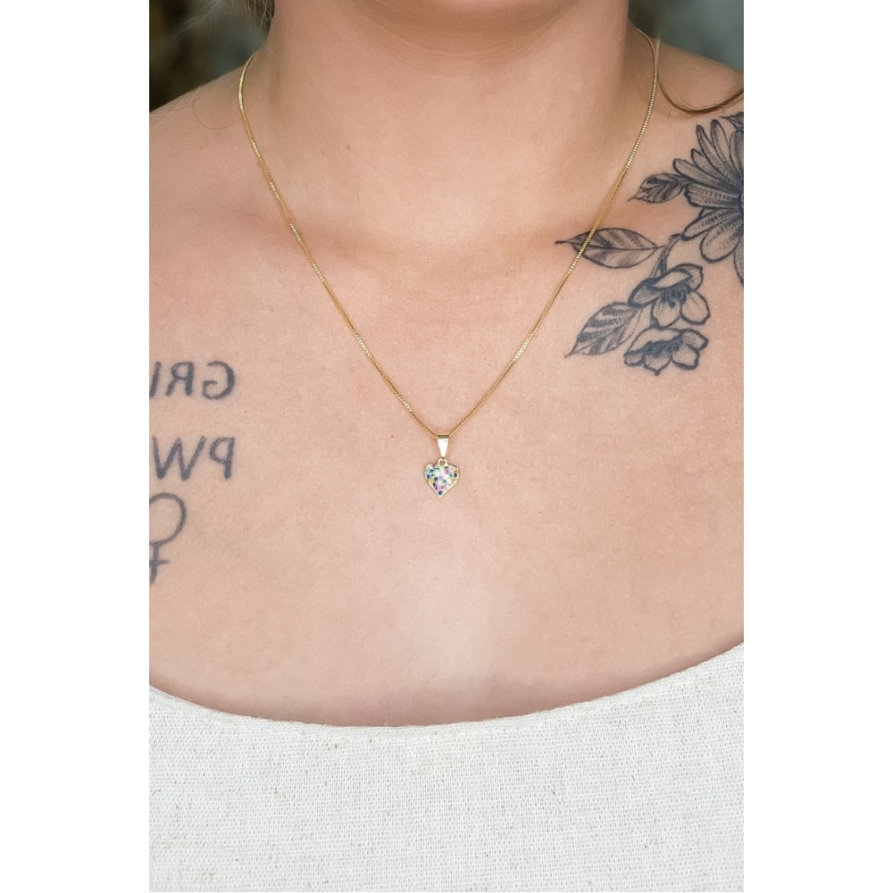 Colar Pingente Coração com Zircônia Multicolor Banhado em Ouro 18k - Dourado
