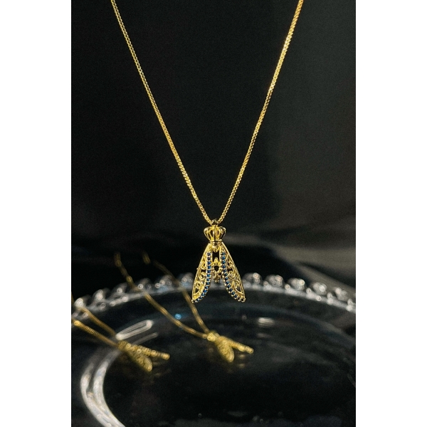 Colar Nossa Senhora Com Zircônias Azuis Banhado em Ouro 18k - Dourado