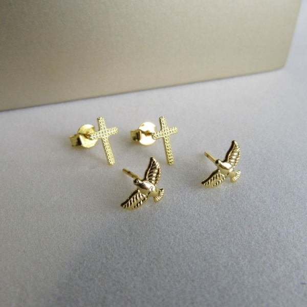 Duo de Cruz e Espírito Santo Banhado em Ouro 18k - Dourado