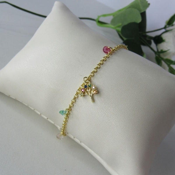 Pulseira Árvore da Vida Com Zircônias Coloridas Banhado em Ouro 18k - Dourado