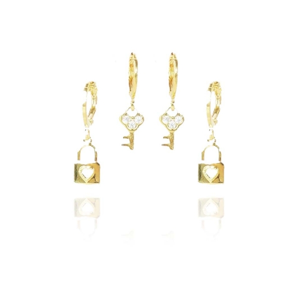 Brinco Duo Argolinha Chave e Cadeado Banhado em Ouro 18k - Dourado