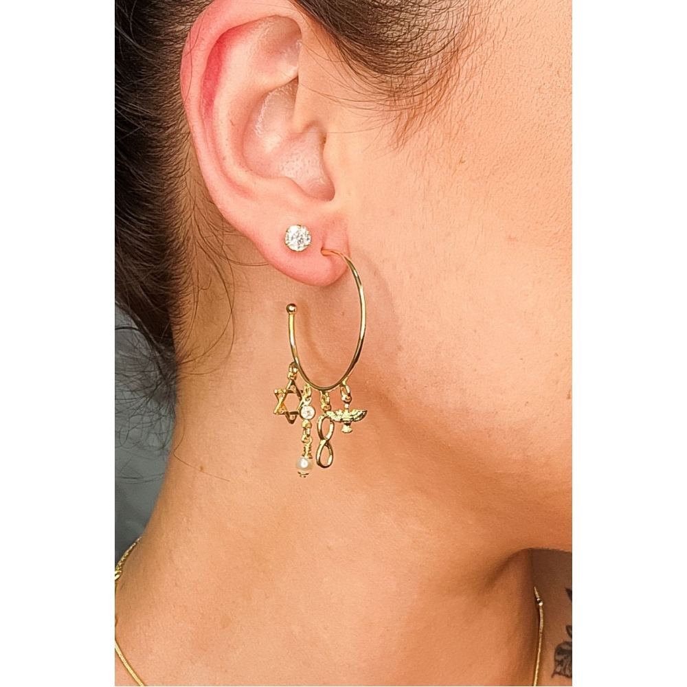 Brinco Argola Médio com Pingente Esotéricos Banhado em Ouro 18k - Dourado