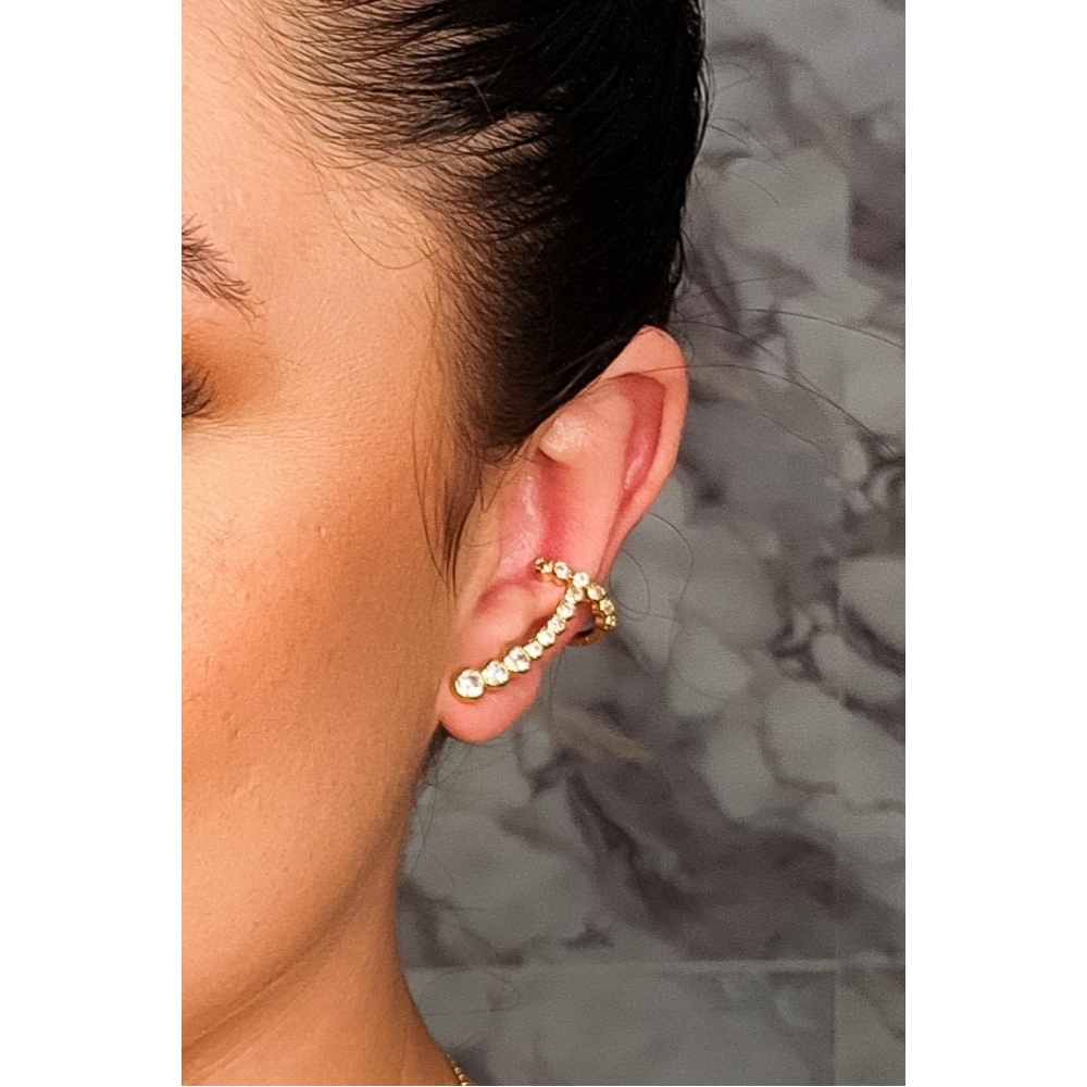 Brinco Ear Cuff com Piercing Fake e Zircônias Branca Banhado em Ouro 18k - Dourado