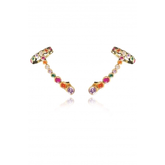 Brinco Ear Cuff com Piercing Fake e Zircônias Colorida Banhado em Ouro 18k