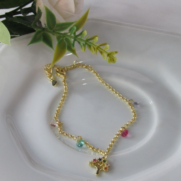 Pulseira Árvore da Vida Com Zircônias Coloridas Banhado em Ouro 18k - Dourado