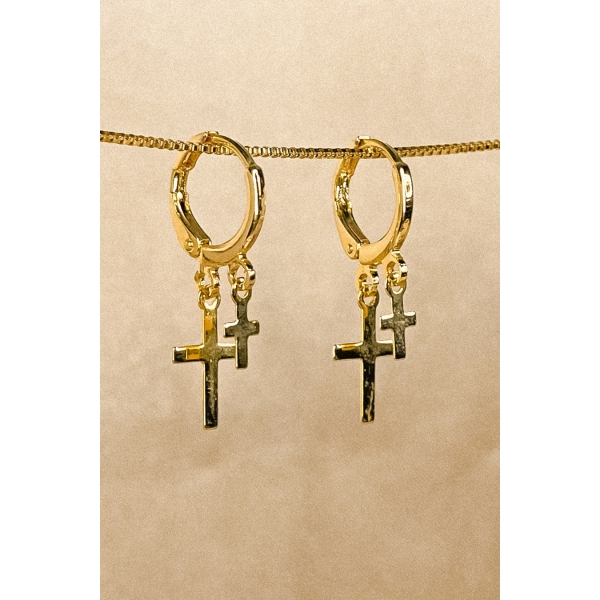 Brinco Argolinha Pequena Dupla Cruz Banhado em Ouro 18k - Dourado