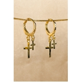 Brinco Argolinha Pequena Dupla Cruz Banhado em Ouro 18k - Dourado