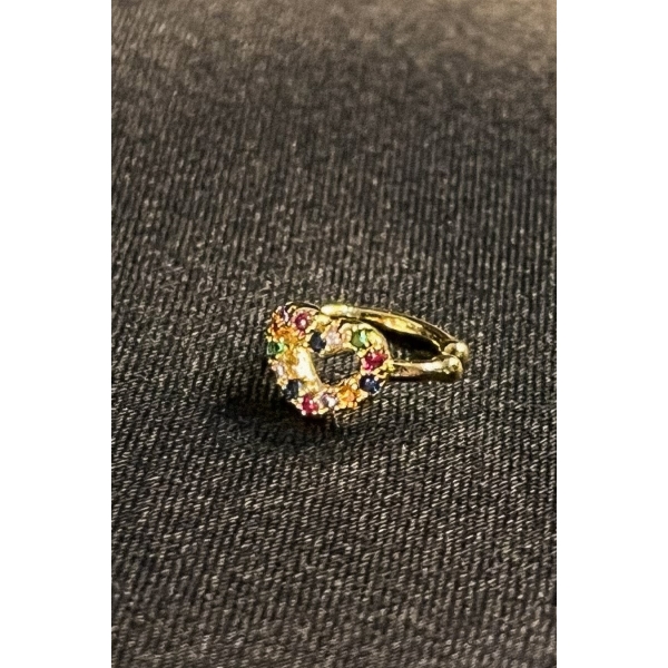 Piercing Fake Com Coração de Zircônias Coloridas Banhado em Ouro 18k - Dourado