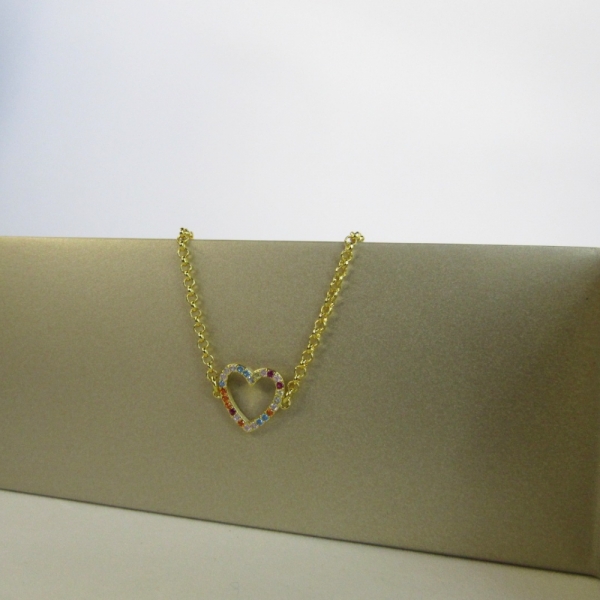 Pulseira Com Pingente De Coração Em Zircônias Coloridas Banhado em Ouro 18k - Dourado