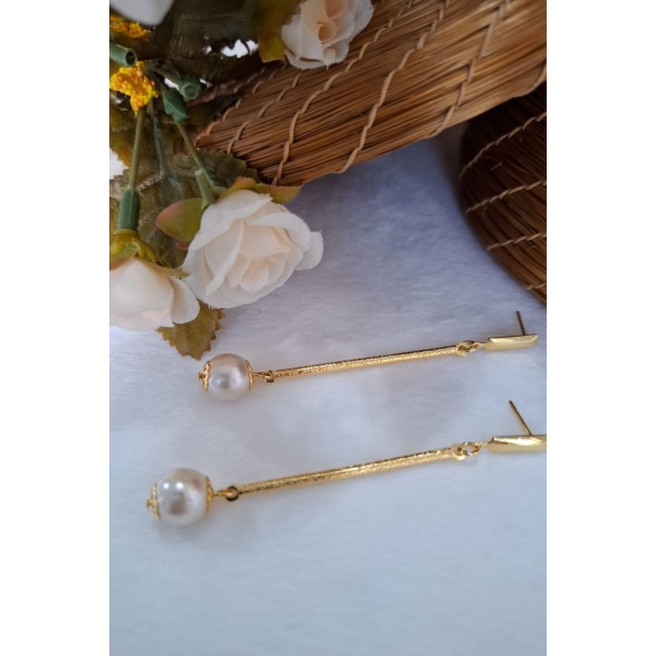 Brinco Fio Trabalhado com Perola na Ponta Banhado em Ouro 18k - Dourado