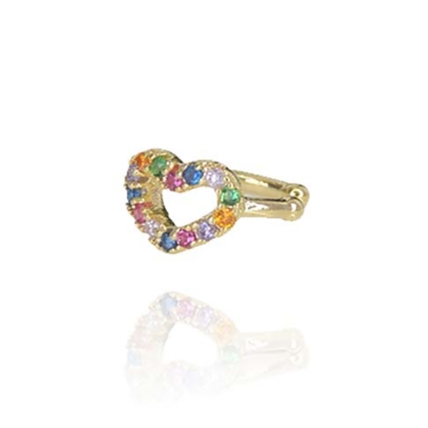 Piercing Fake Com Coração de Zircônias Coloridas Banhado em Ouro 18k - Dourado