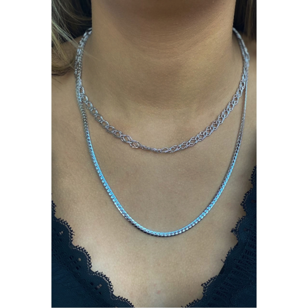 Colar Duplo com Correntes Grossas Banhado em Ródio Branco - Prateado